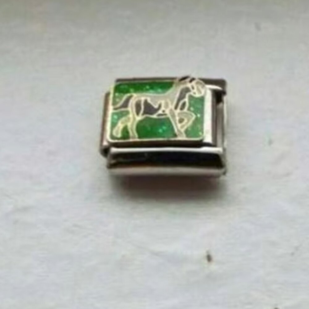 Trotting horse on green enamel 9mm stainless steel italian charm bracelet link